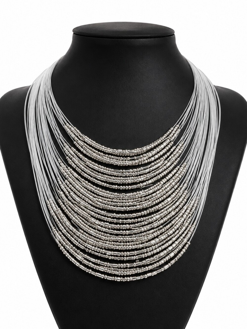 Multi-Layer Black Seed Bead Statement Necklace Silver Tone Multi-Strand Bib